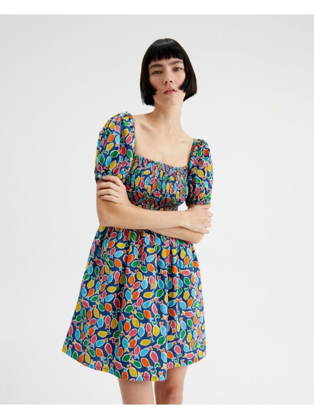 Compania Fantastica Hake Print Honeycomb Smocked Puff Sleeve Dress Size S